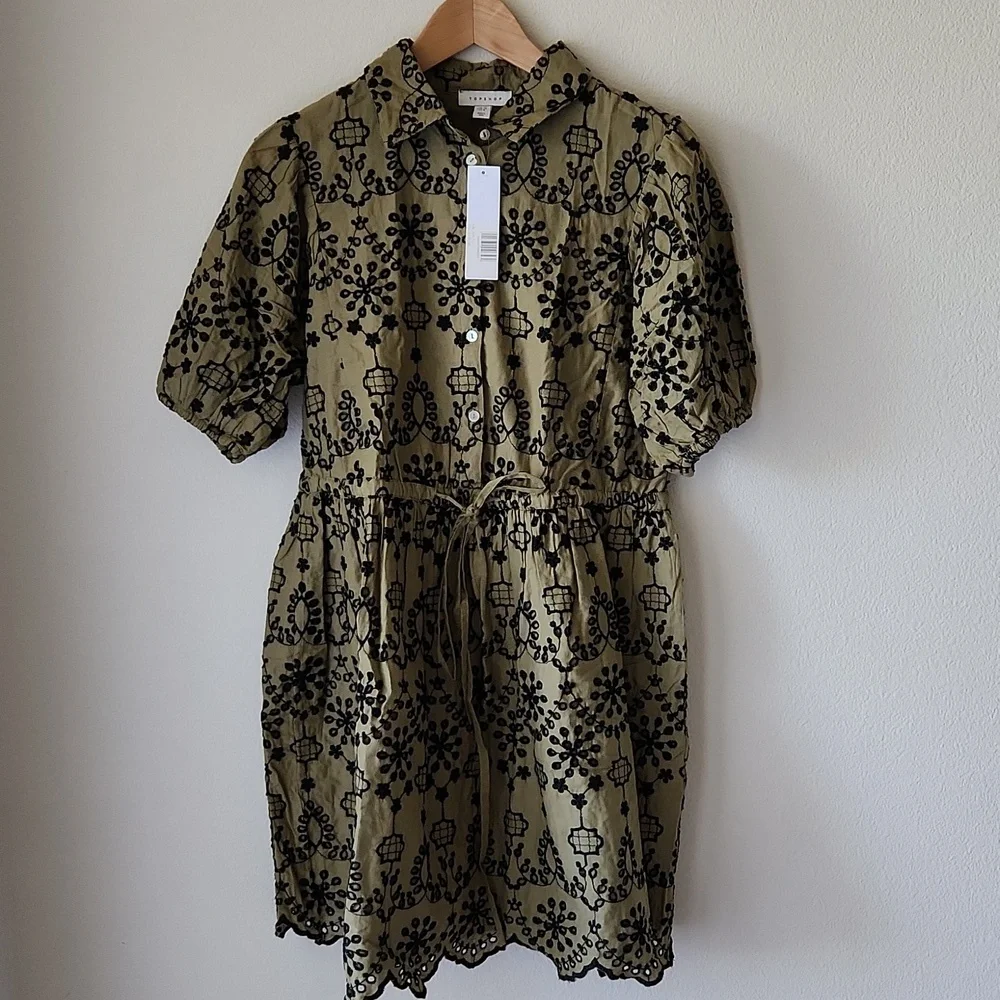 TOPSHOP green and black embroidered eyelet dress Sz 6 NWT 100% Cotton Boho - Picture 5 of 12